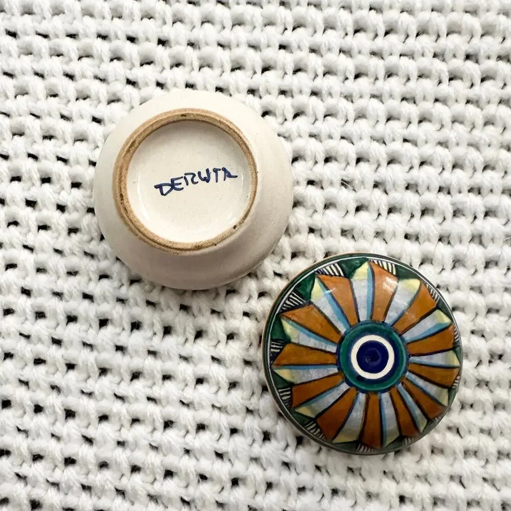 Deruta Signed Miniature Ceramic Sunburst Starburst Lidded Trinket Round Box